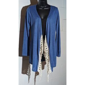 Charming Charlie Crochet Lace Trim Drape Cardigan Open Front Lightweight Medium